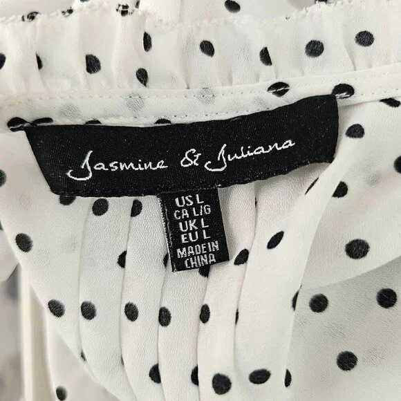 Jasmine & Juliana Long Slv White Black Polka Dot Blouse Sz L 1/2 Btn Ruffle Neck - Picture 3 of 9
